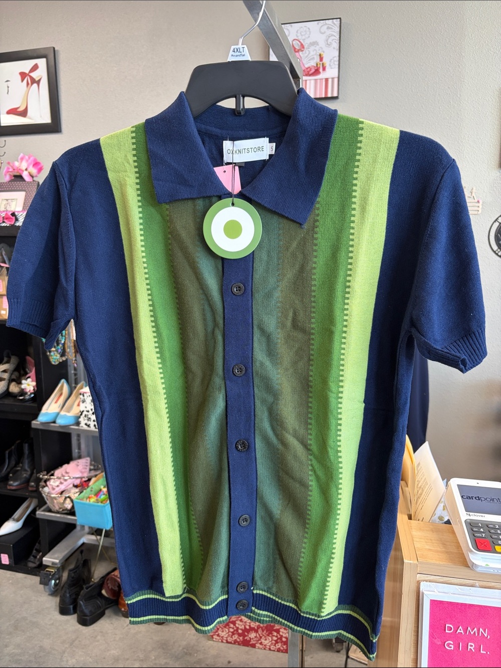 Men's Navy Polo Shirt with Green Stripe Panel CTZDA6